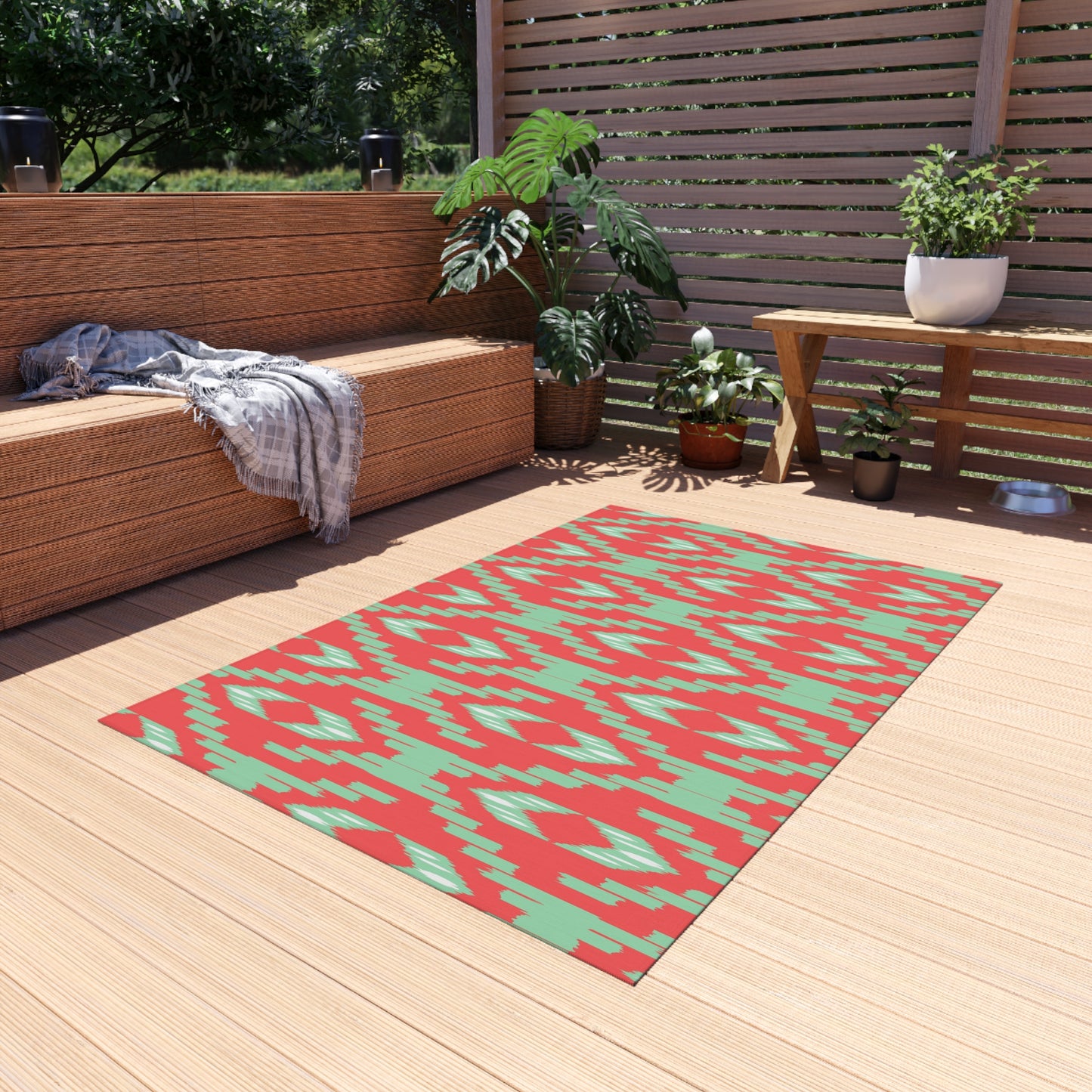 Coral Green l Ikat Pattern Outdoor/Indoor Rug | Geometric Patio Mat