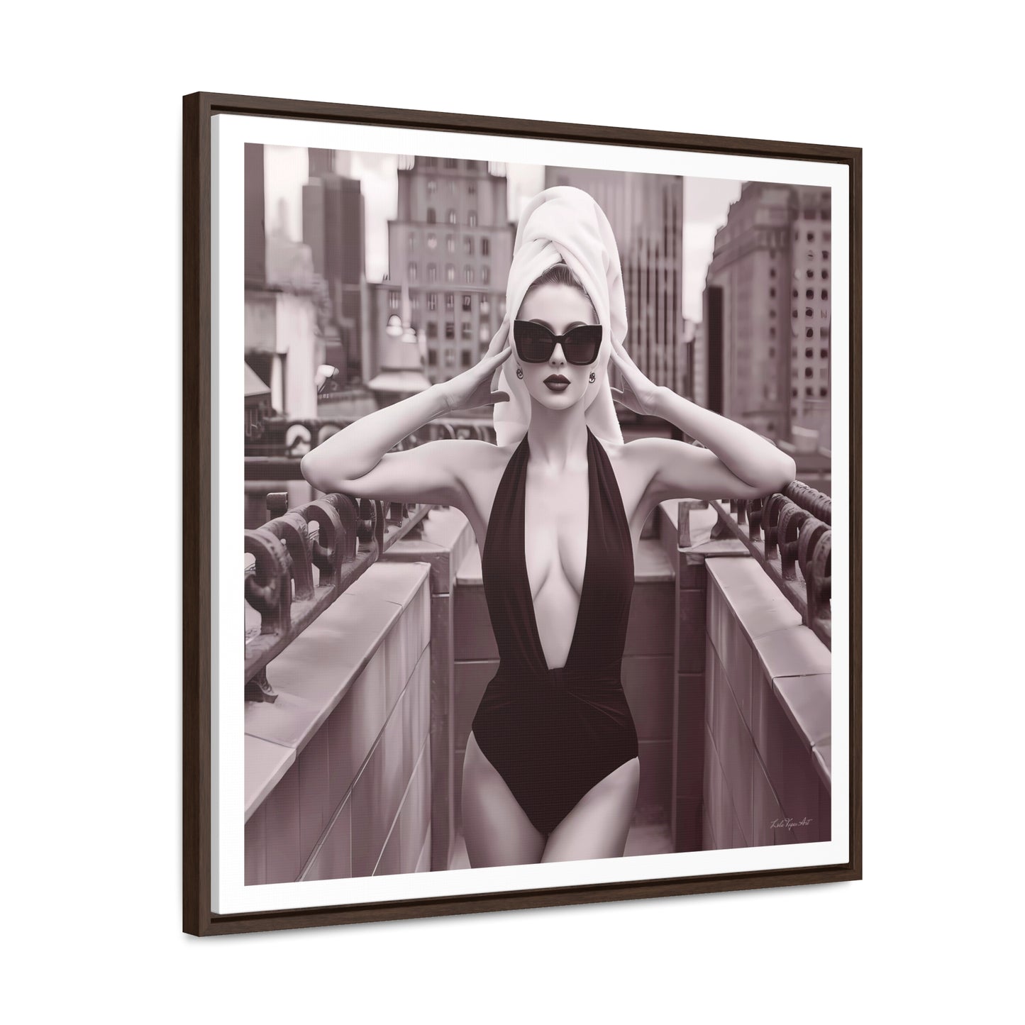 Fashion Model Sepia Art Canvas Wall Wrap, NYC Rooftop Glam Decor, Sexy Swimsuit Square Frame Art, Fashionista Wall Decor, City Chic Home