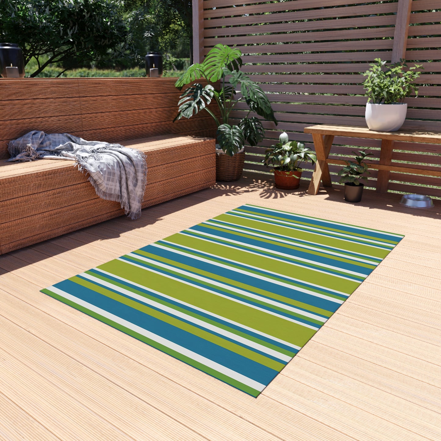 Blue Green White Stripe Outdoor/Indoor Rug | Patio Mat, Weather-Resistant