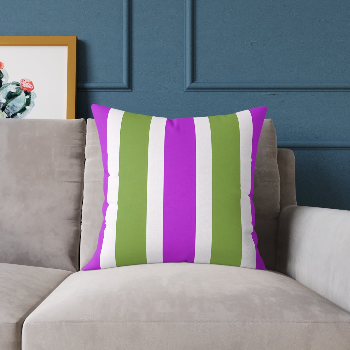 Magenta White and Green Vertical Stripe Pillow | Square Poly Canvas Pillow
