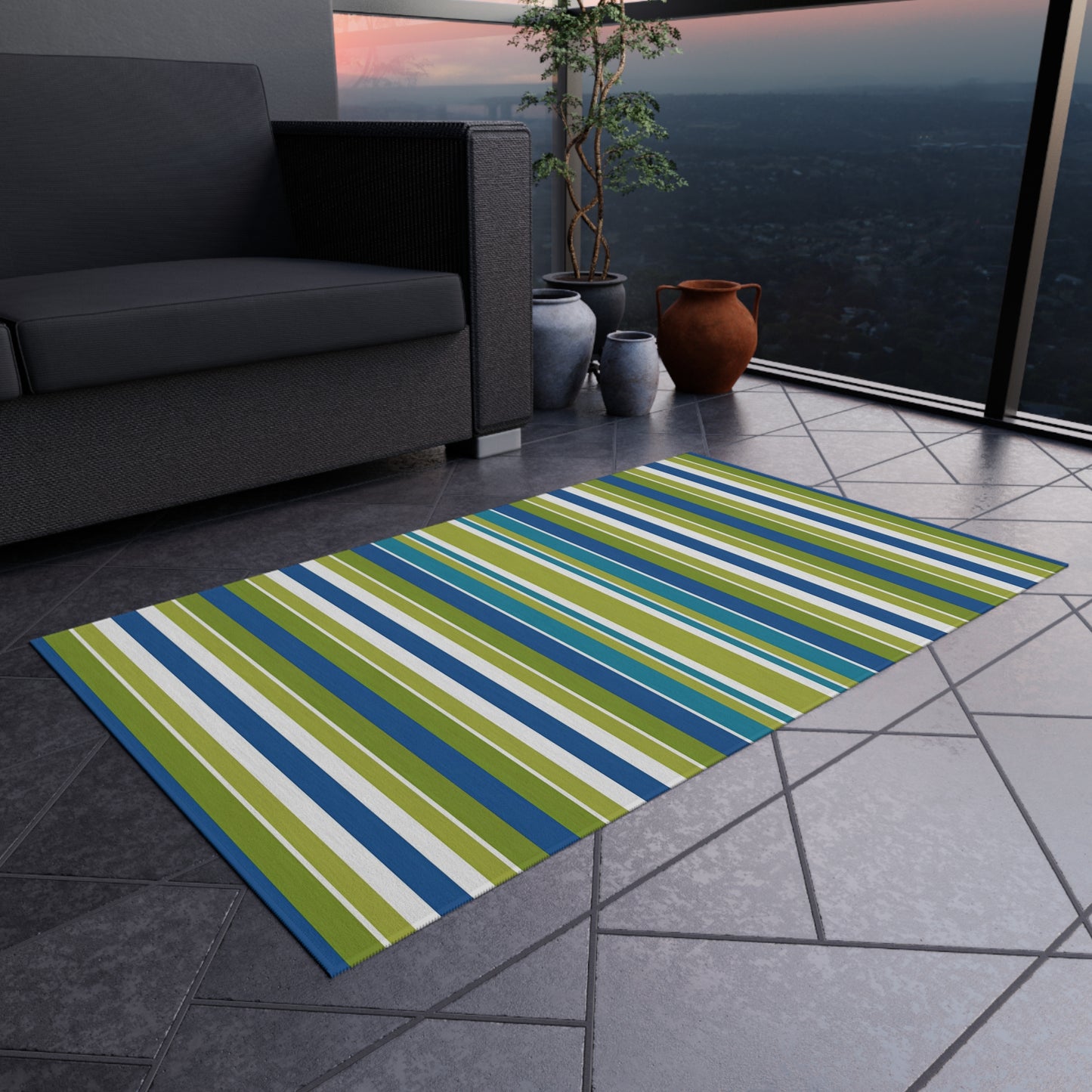 Blue Green White Stripe Outdoor/Indoor Rug | Patio Mat, Weather-Resistant