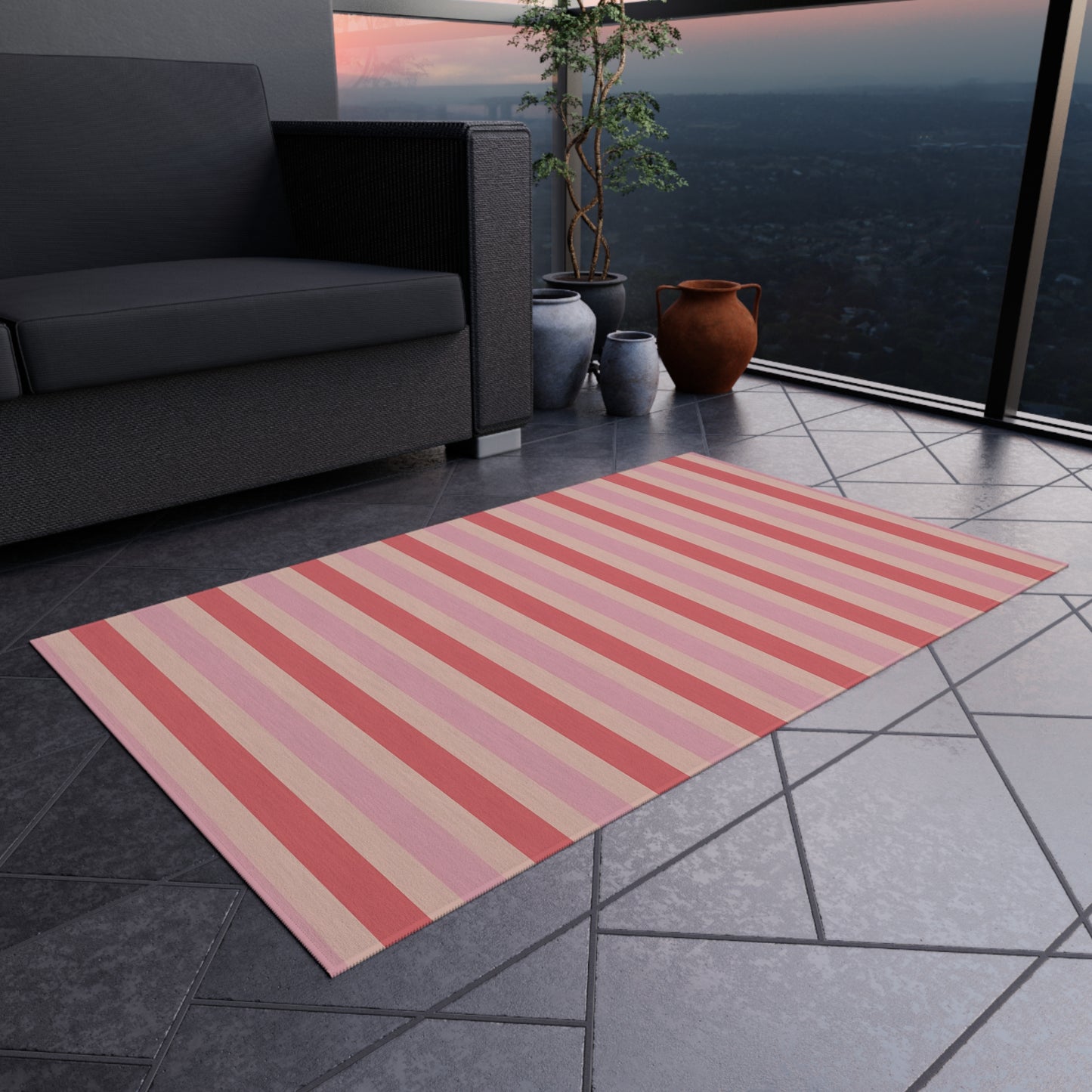 Coral Pink Beige Striped Pattern Outdoor Rug | Patio Mat, Fade-Resistant Stripes