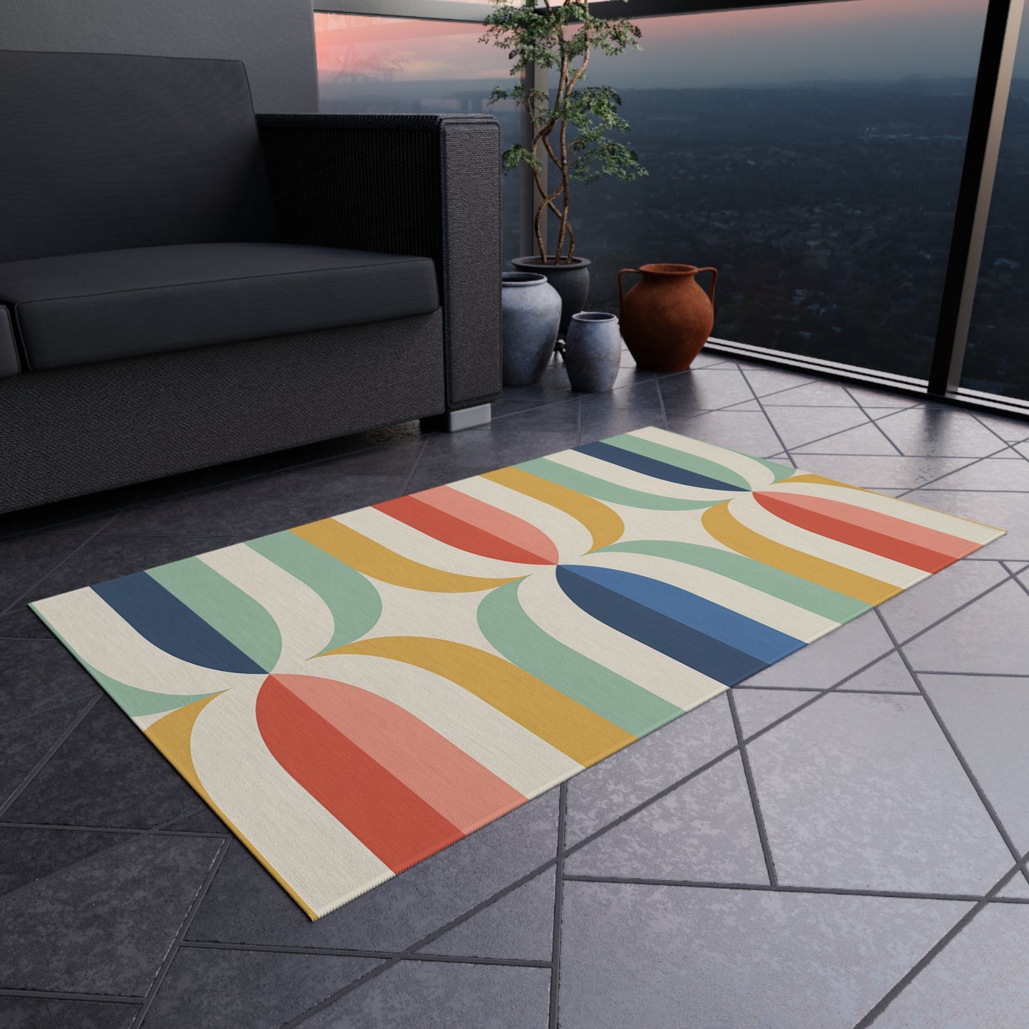 Mid Century Rainbow Arch Outdoor/Indoor Rug | Retro Geometric Patio Mat