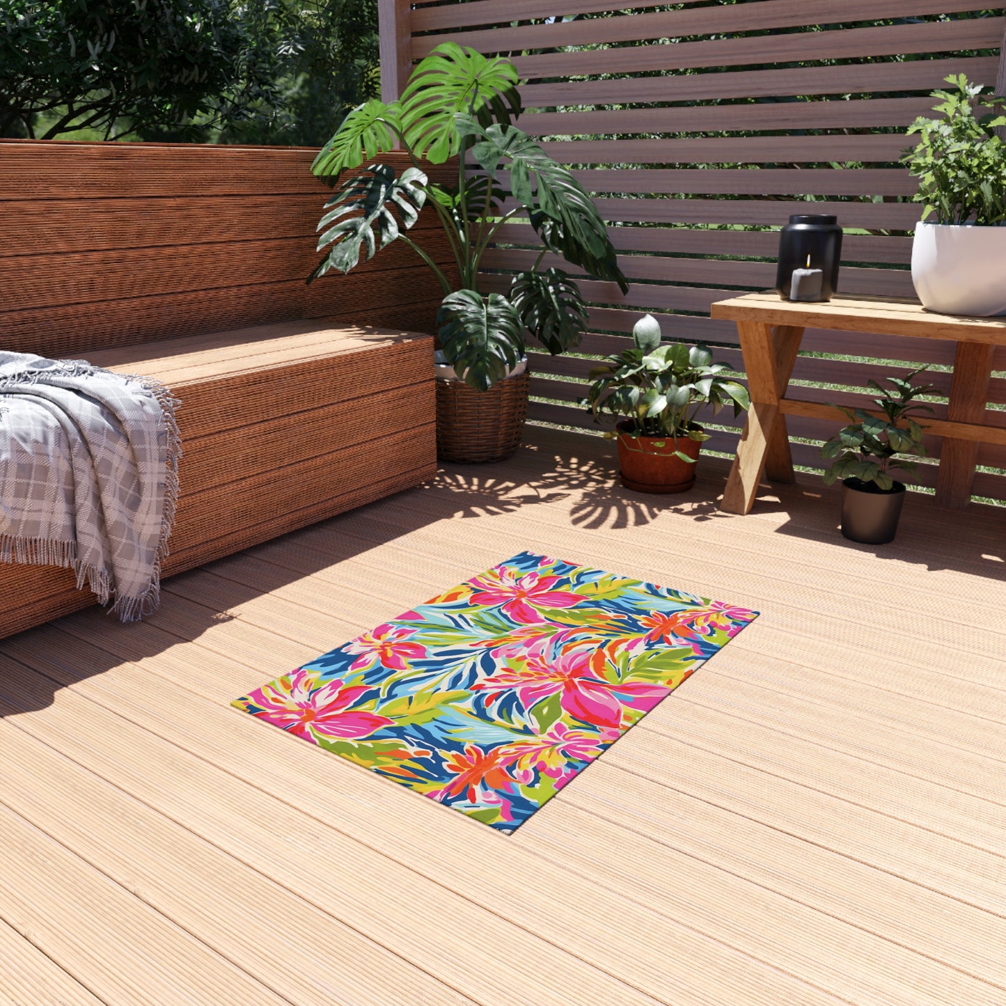 Tropical Floral Pattern Indoor/Outdoor Rug | Bright Hibiscus Beach Mat