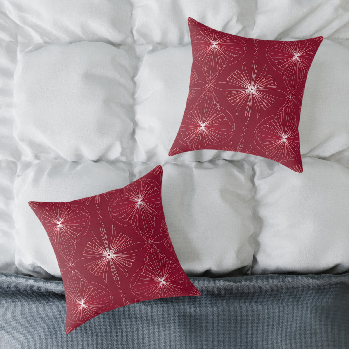 Starburst Floral Pattern Square Pillow | Red Geometric Throw Cushion