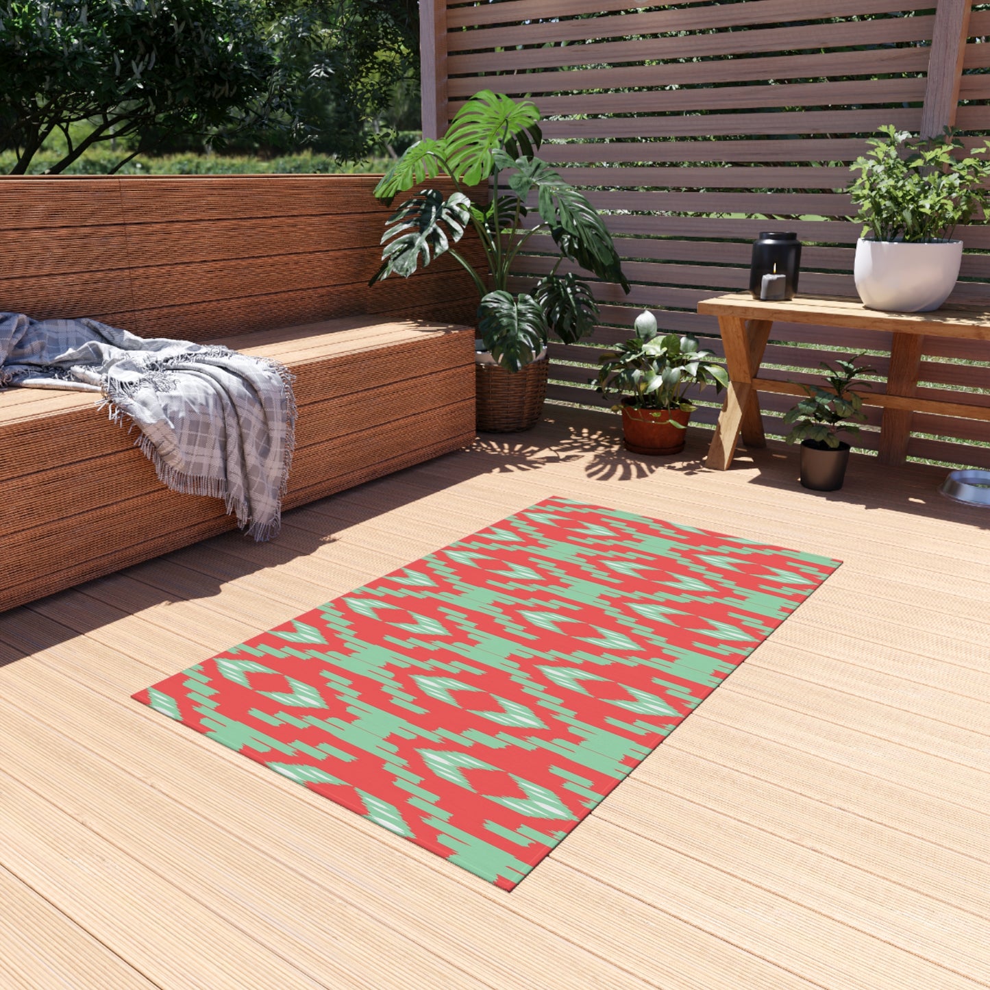 Coral Green l Ikat Pattern Outdoor/Indoor Rug | Geometric Patio Mat