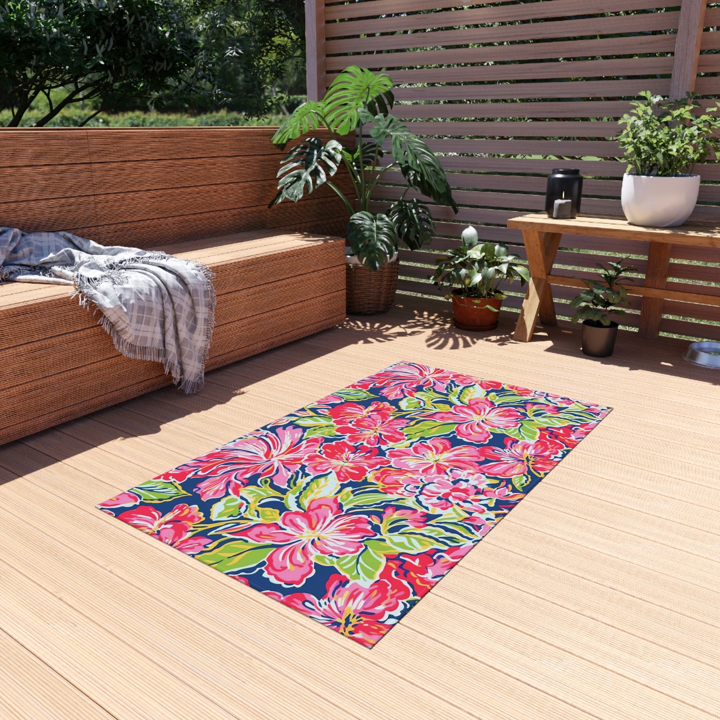 Pink Tropical Floral Indoor/Outdoor Rug | Hibiscus Pattern Patio Mat