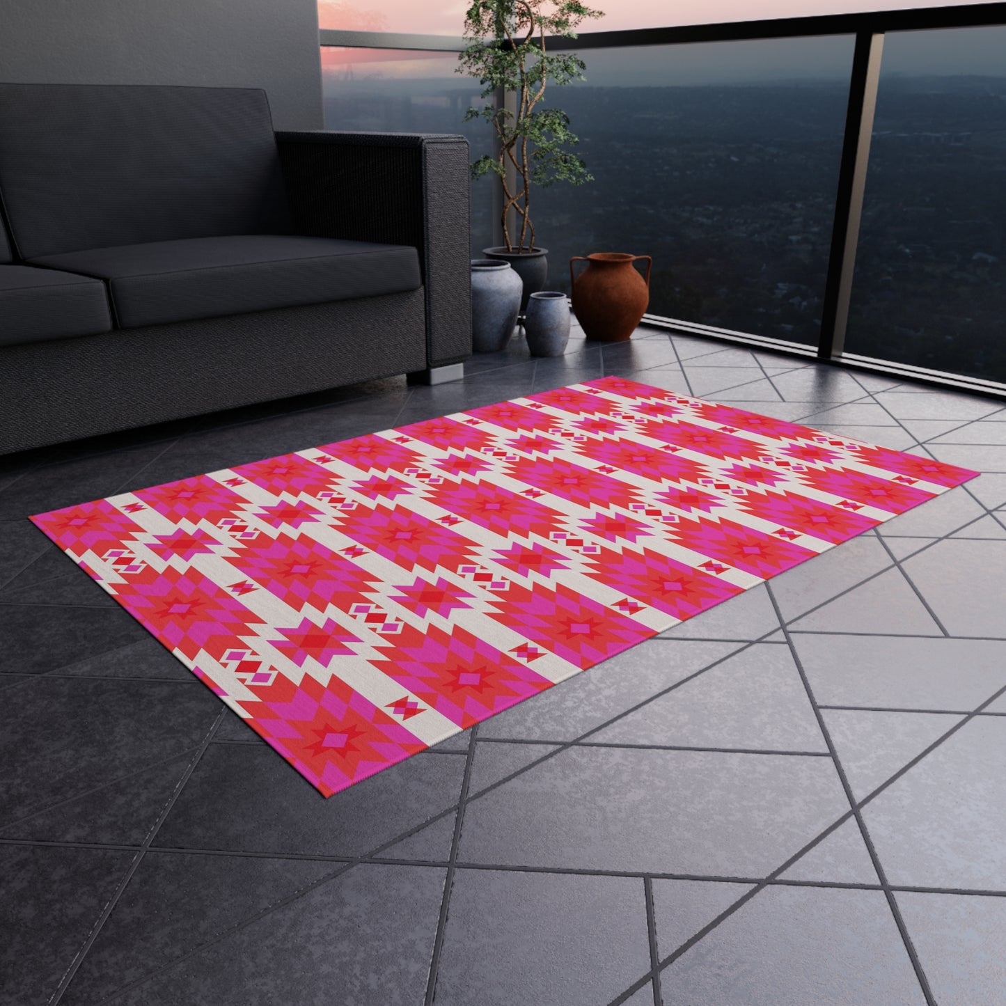 Pink Orange Aztec Geometric Pattern Outdoor/Indoor Rug | Southwestern Boho Patio Mat