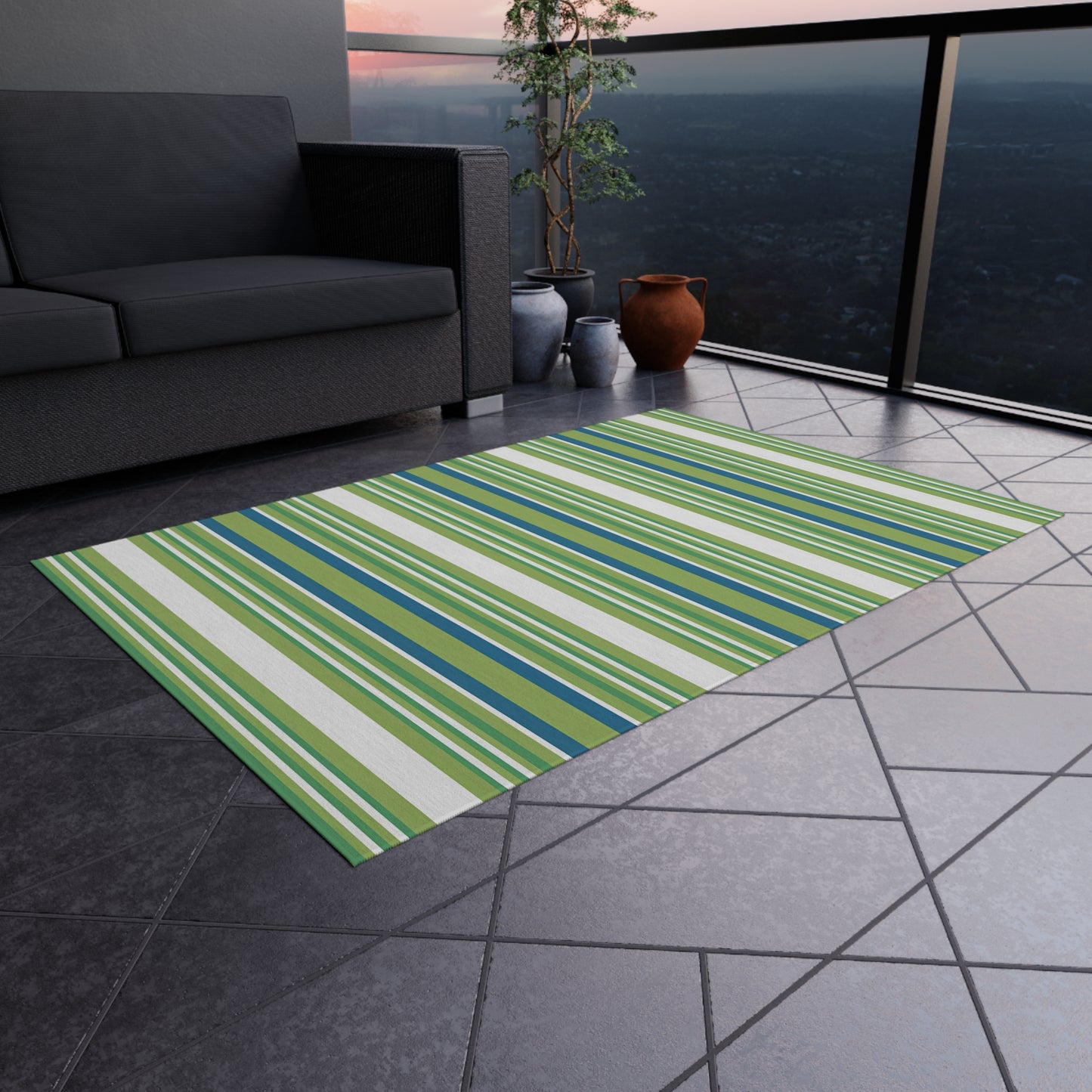 Green Blue White Stripe Outdoor Rug | Patio Mat, Weather-Resistant