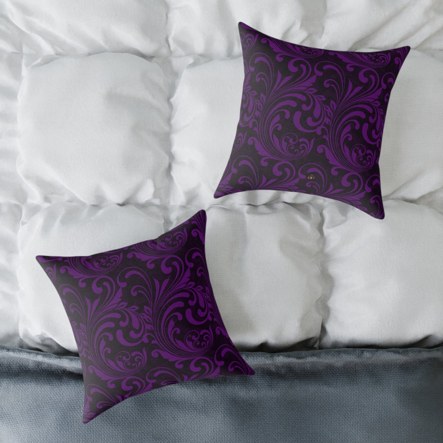 Purple Black Baroque Scroll Pillow | Square Throw Pillow, Dark Floral Damask