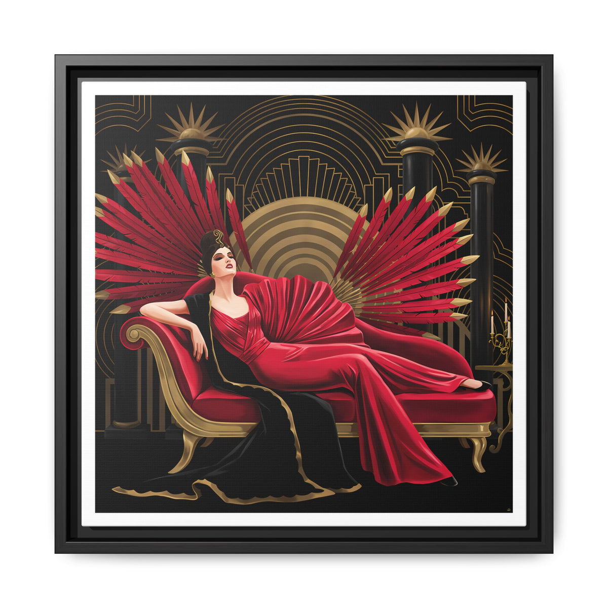Art Deco Lady with Red Feathers Matte Canvas Framed Wall Art