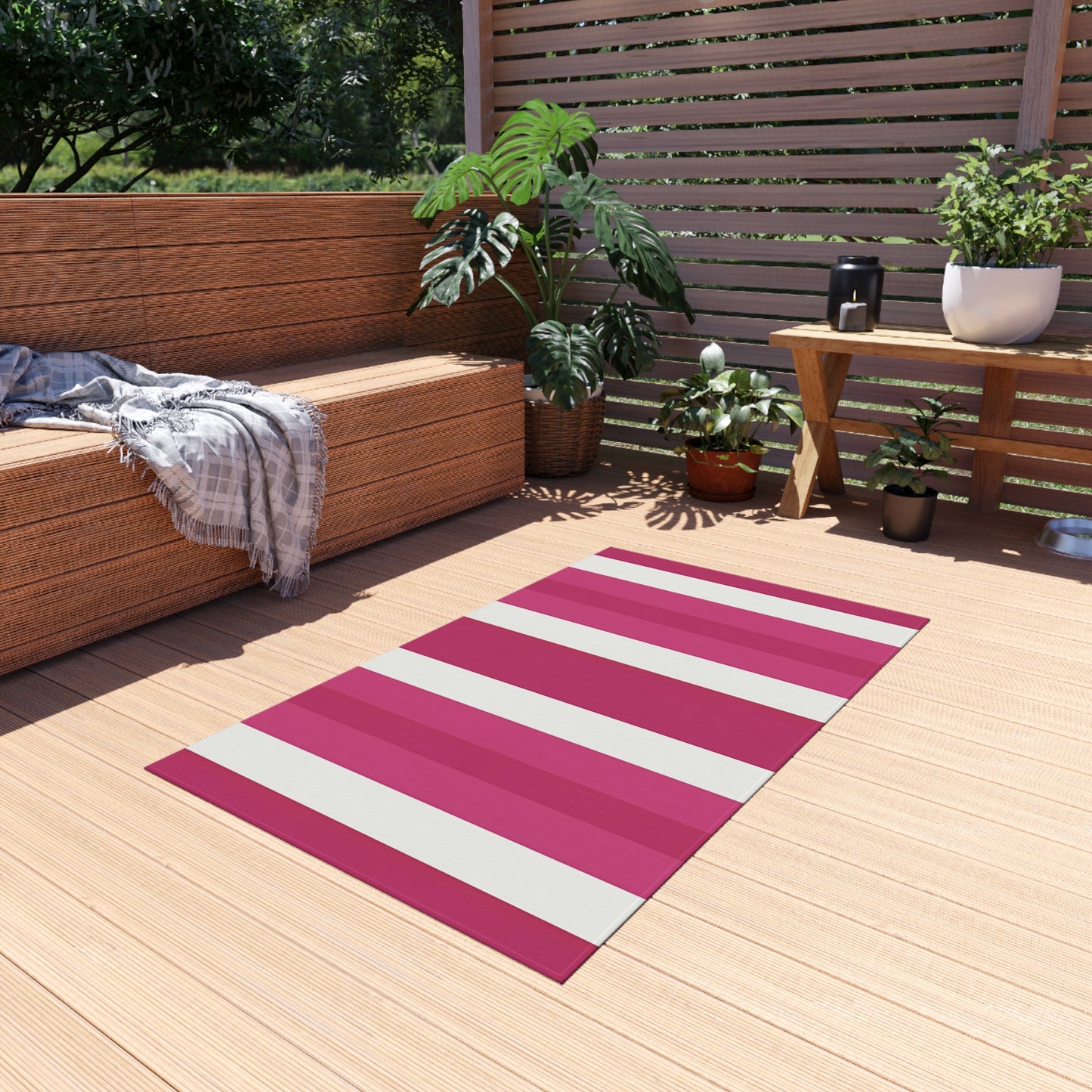 Pink and White Striped Outdoor/Indoor Rug | Patio Mat, Sunroom Deck