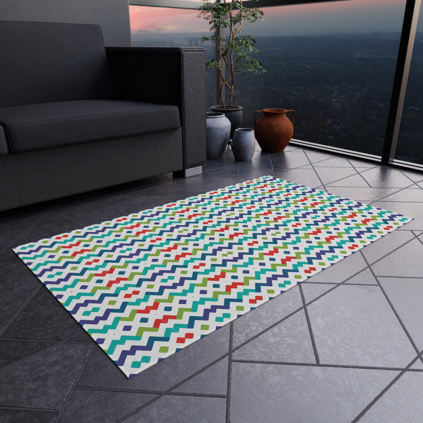 Chevron Zigzag Pattern Outdoor/Indoor Rug | Colorful Geometric Patio Mat