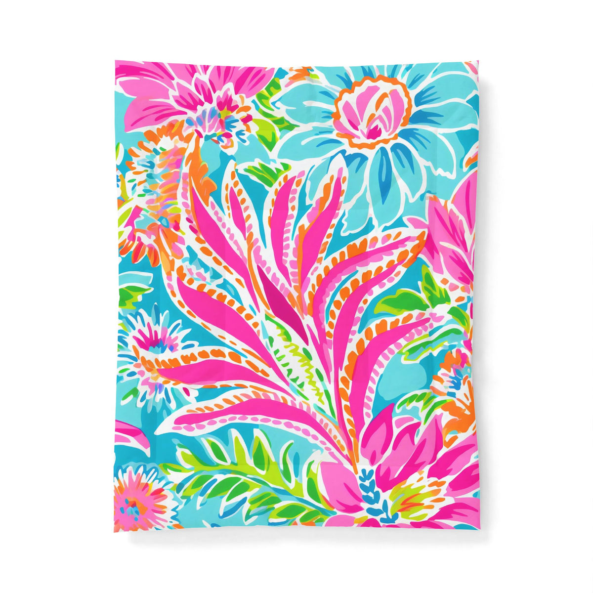 Tropical Floral Pattern Cotton Comforter | Bright Pink Blue Green Leaves