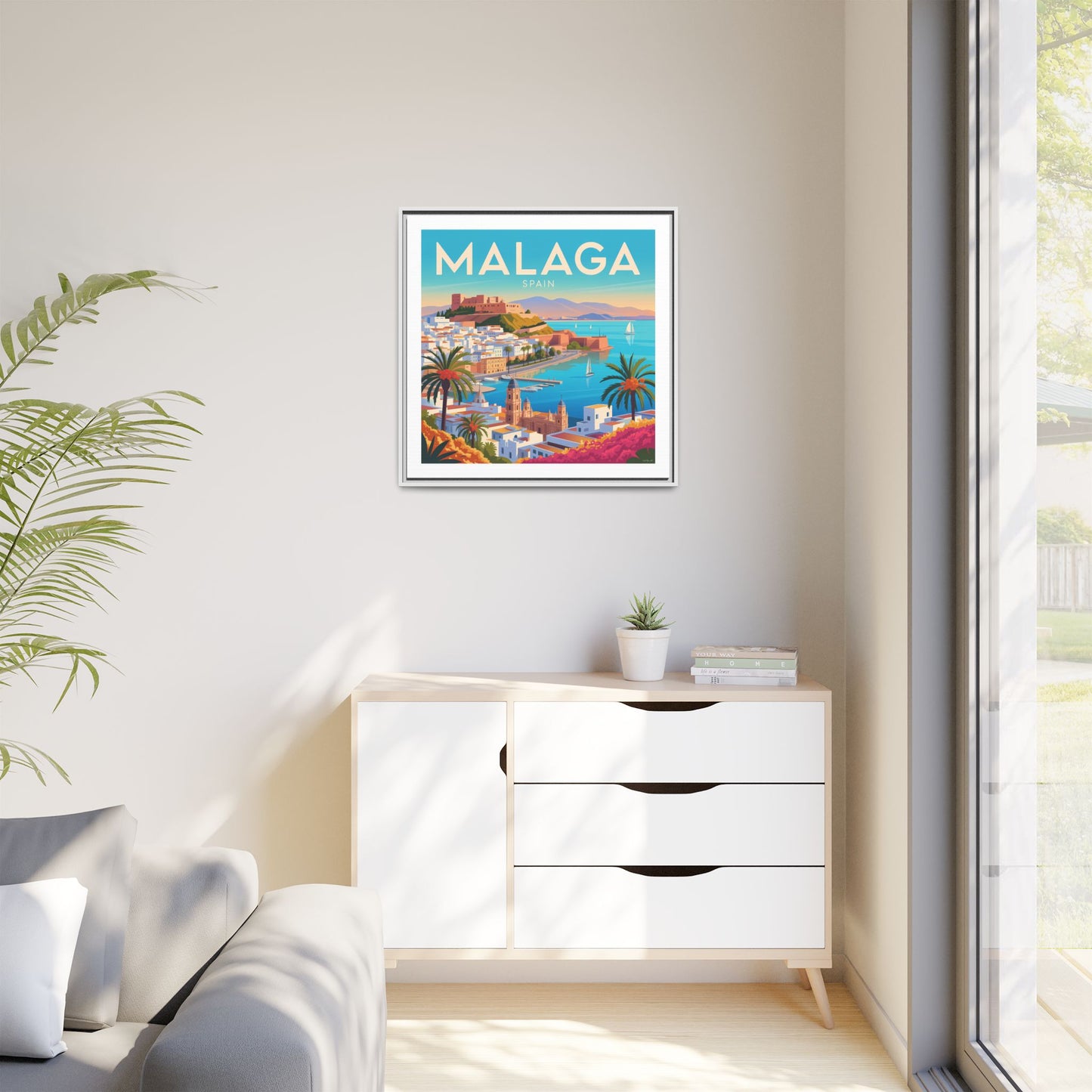 Malaga Spain Coastal  Matte Canvas Framed Wall Art| Vintage Style Travel Art