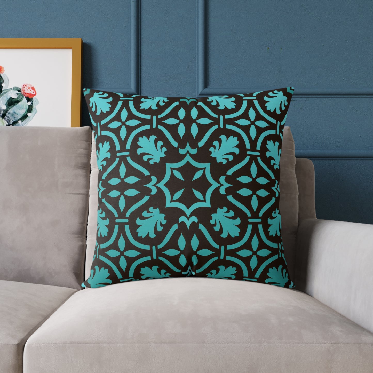 Teal Black Moroccan Tile Square Pillow | Poly Canvas Decorative Pillow
