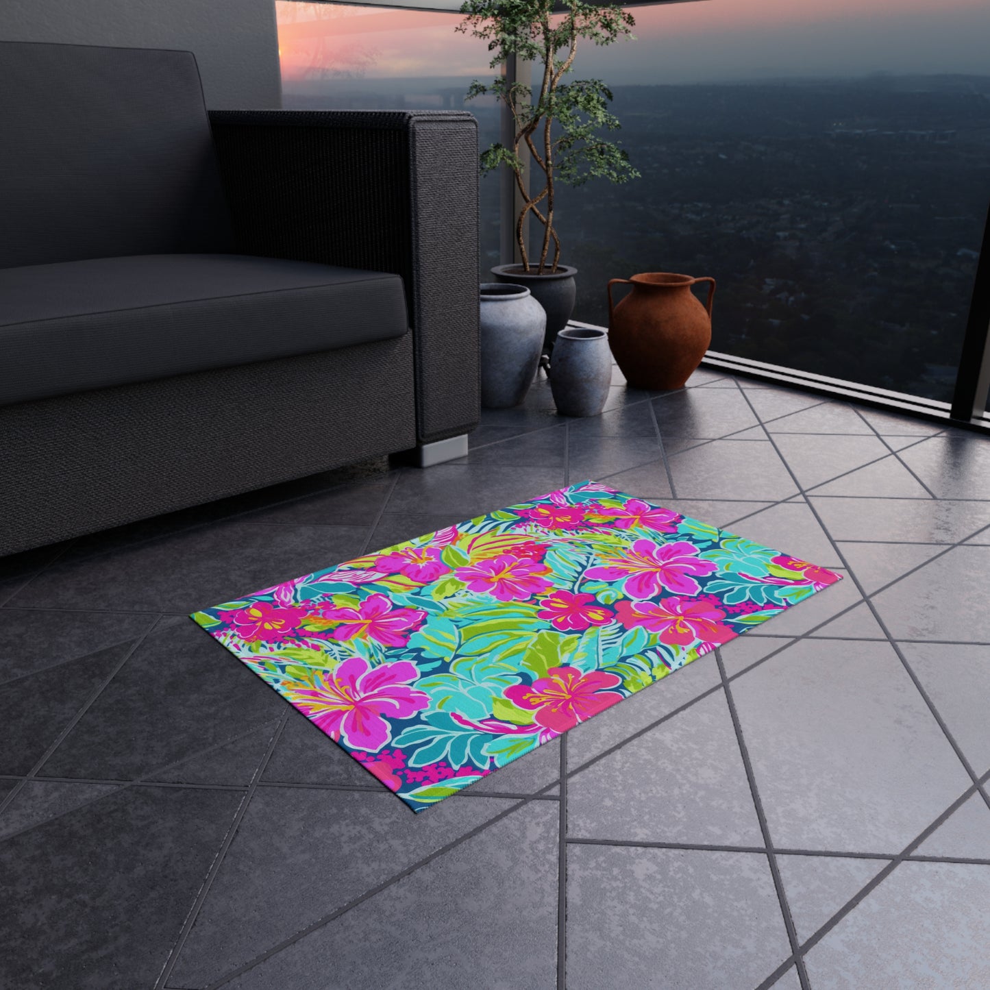Tropical Hibiscus Floral Outdoor Rug | Bright Pink Teal Patio Mat