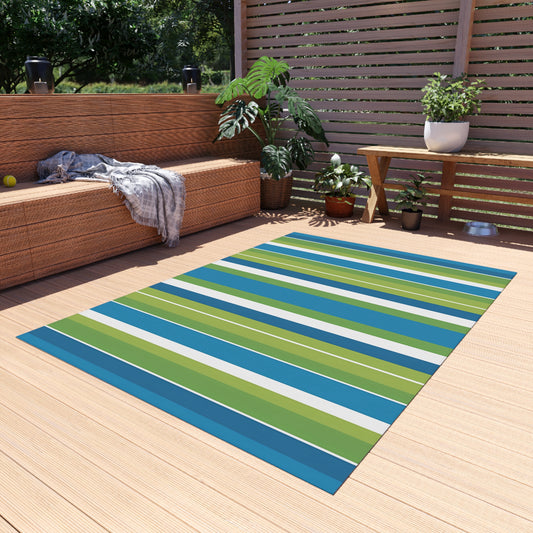 Blue Green Stripe Outdoor/Indoor Rug | Coastal Patio Floor Mat