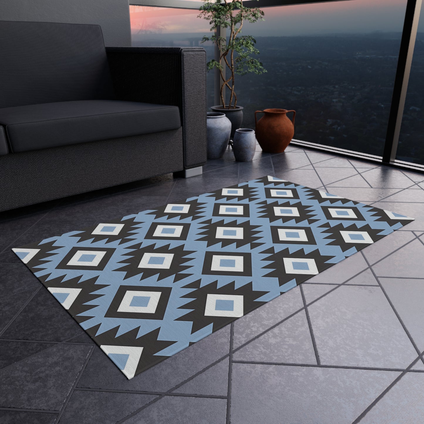 Southwestern Diamond Pattern Outdoor/Indoor Rug | Blue Black Geometric Patio Mat