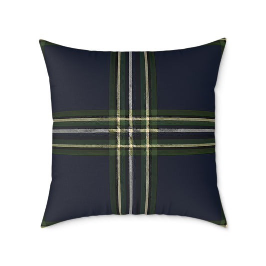 Green Navy Black Beige White Plaid Throw Pillow | Square Poly Canvas Pillow