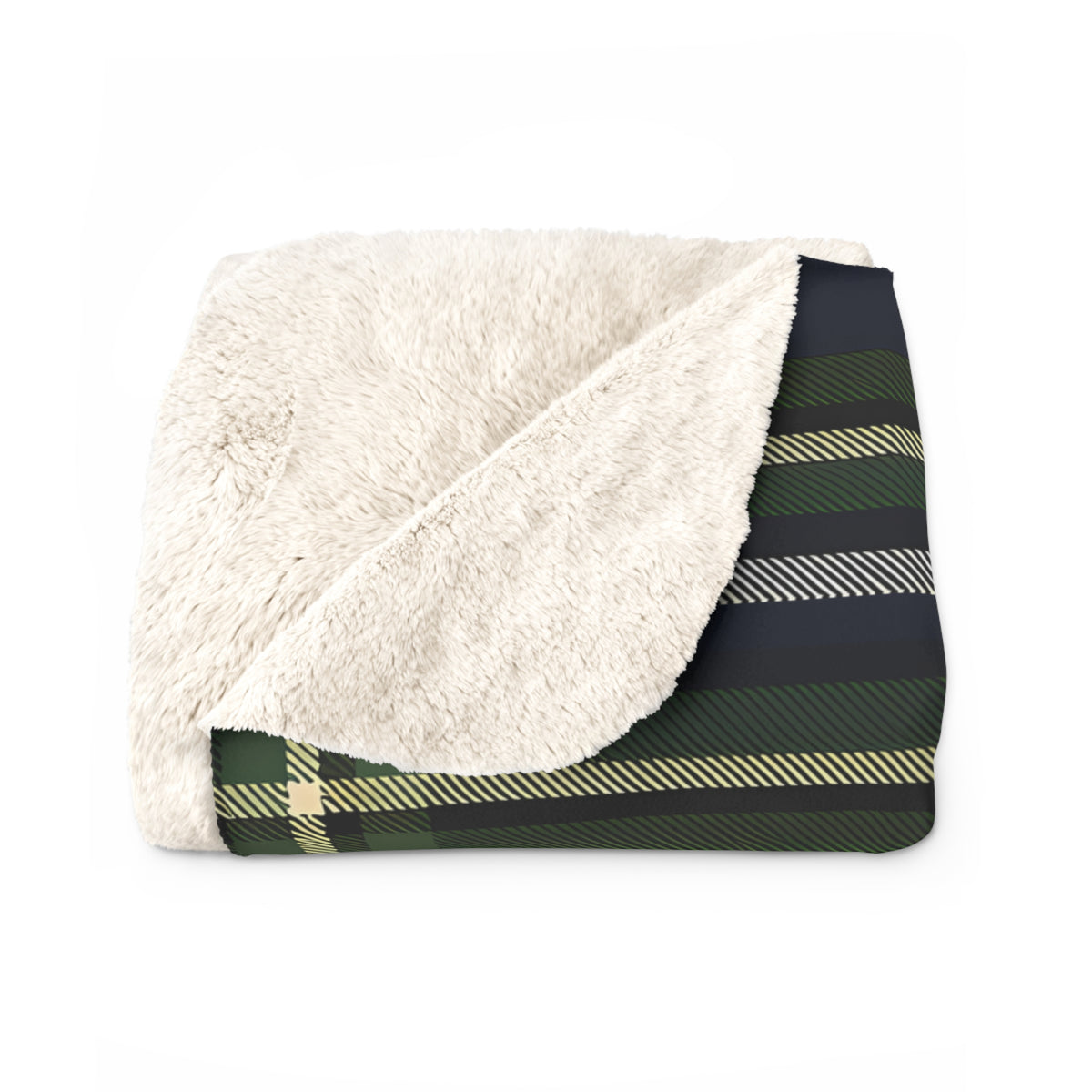Navy Green Yellow White Tartan Plaid Sherpa Blanket | Cozy Fleece Throw