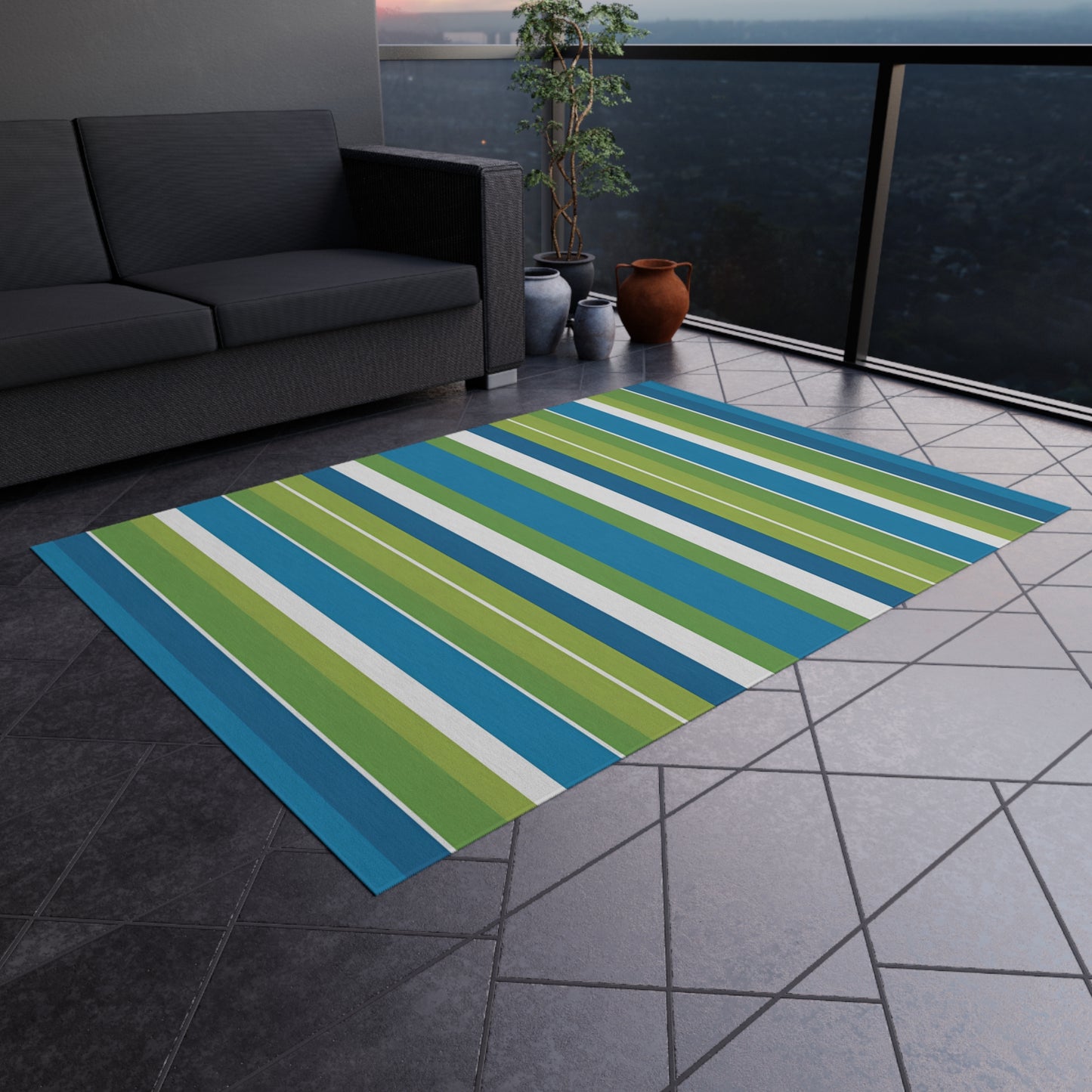 Blue Green Stripe Outdoor/Indoor Rug | Coastal Patio Floor Mat