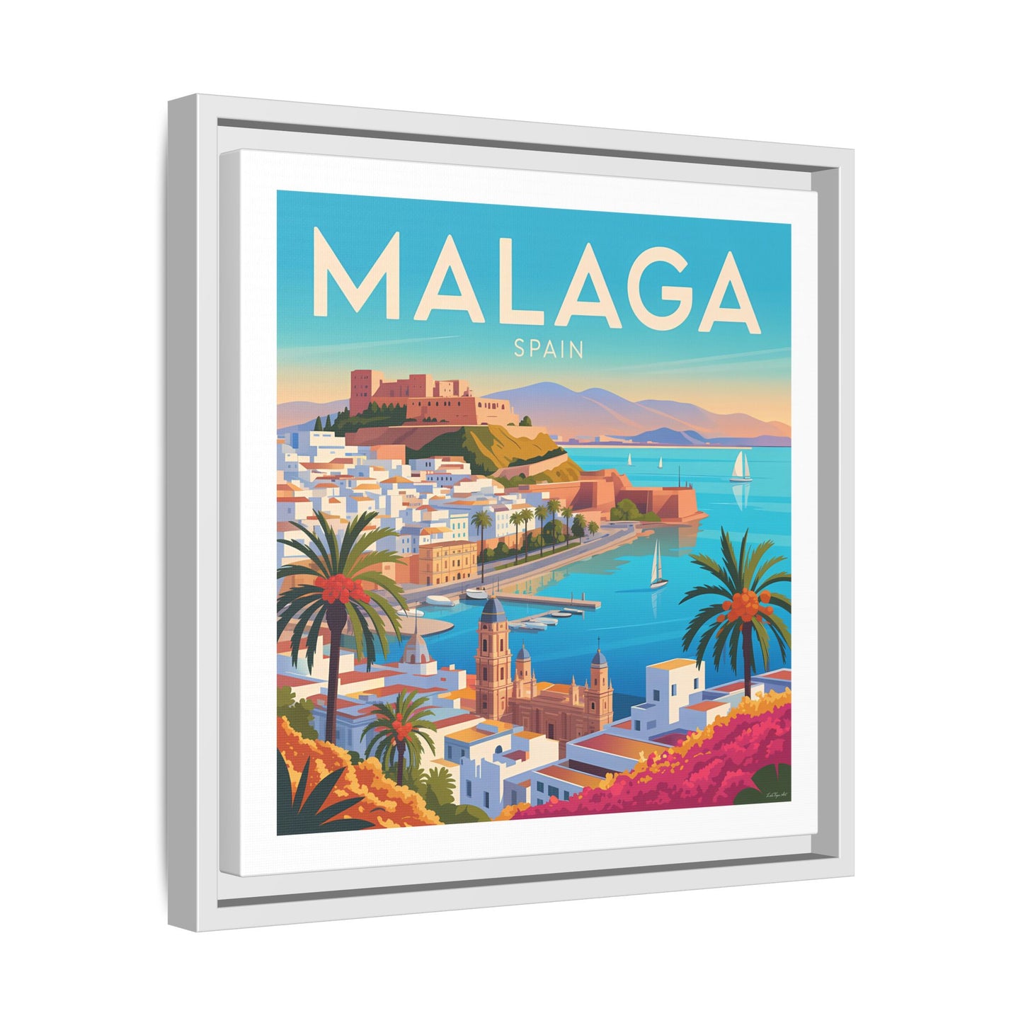 Malaga Spain Coastal  Matte Canvas Framed Wall Art| Vintage Style Travel Art