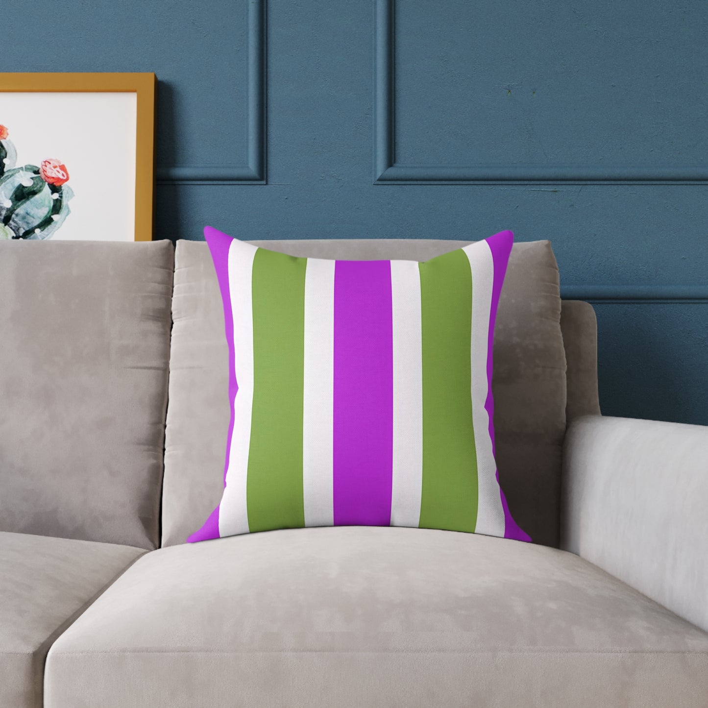 Magenta White and Green Vertical Stripe Pillow | Square Poly Canvas Pillow