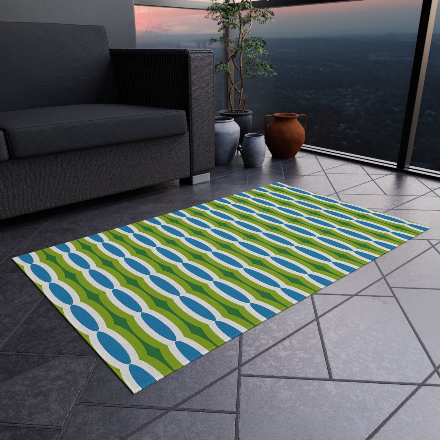 Blue Green Retro Geo Pattern Outdoor/Indoor Rug | Mid Century Modern Patio Mat