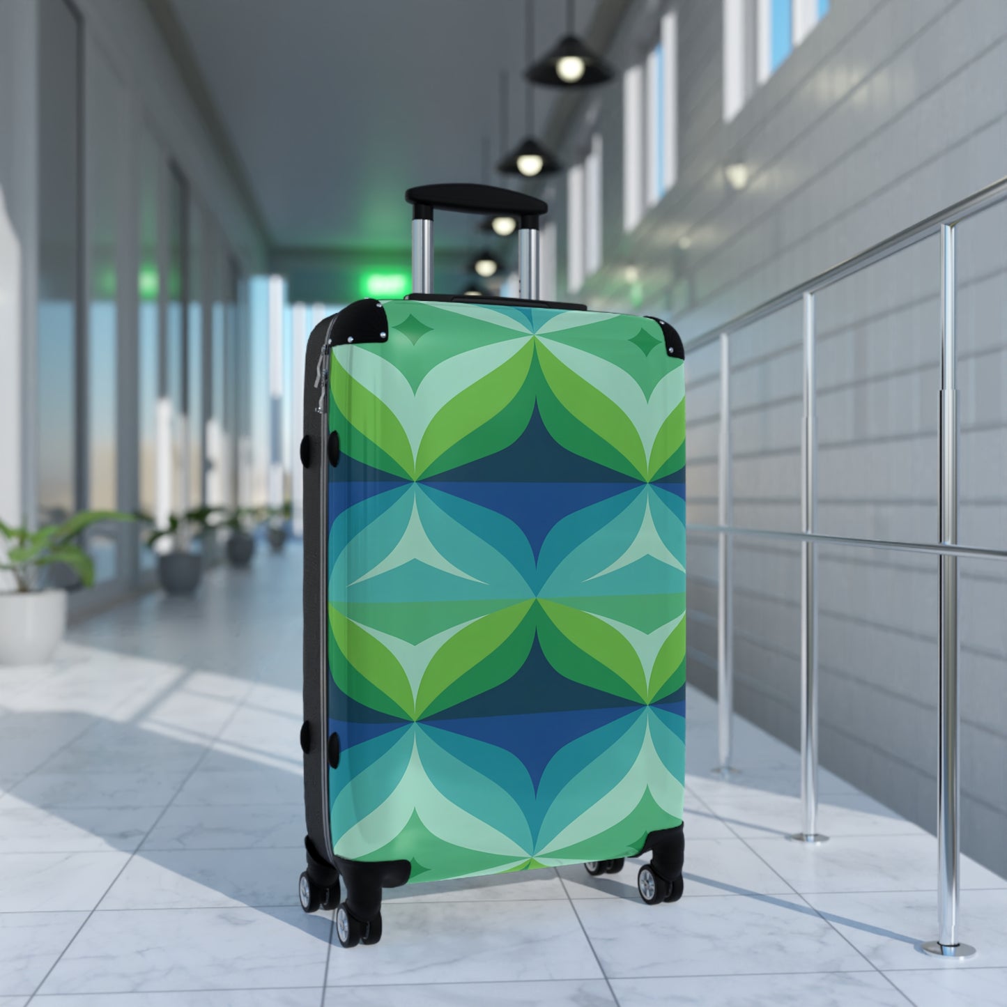Retro Geometric Mid Century Pattern Suitcase | Green Blue Travel Luggage