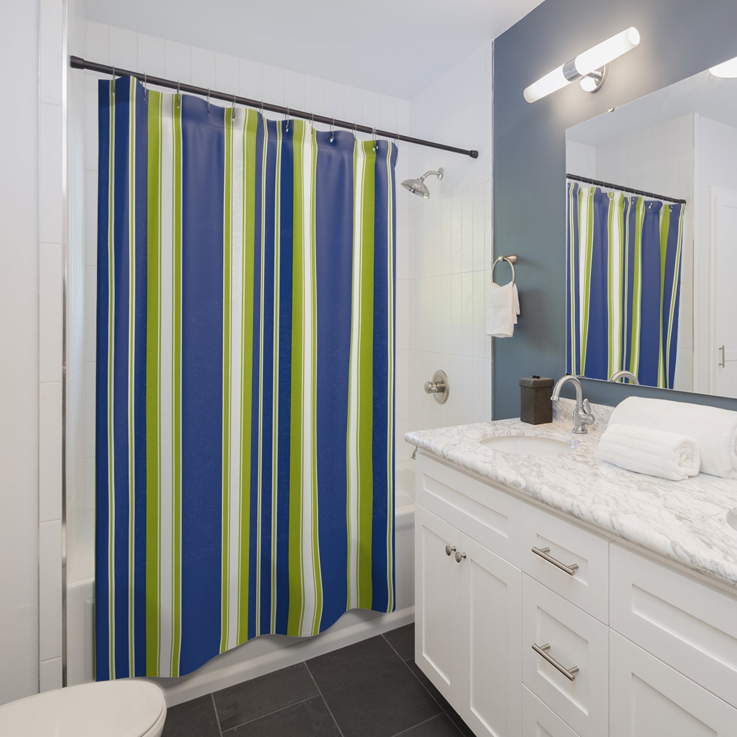Blue and Green Vertical Stripes Shower Curtain | Nautical Modern Bathroom