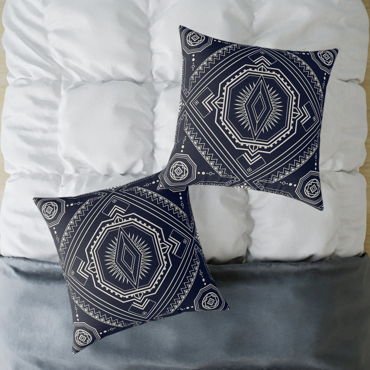 Navy Aztec Mandala Square Pillow | Geometric Boho Throw Pillow
