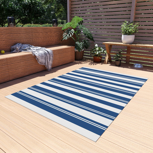 Navy Blue Stripe Outdoor/Indoor Rug | Patio Deck Mat