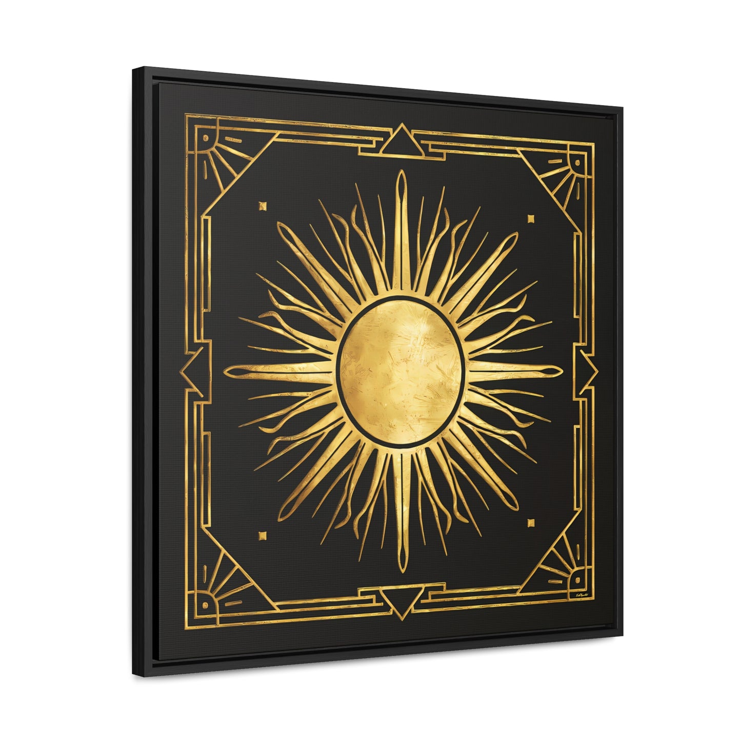 Canvas Wall Art, Black and Distressed Gold Art Deco Sun Square, Framed Decor, Dramatic Retro Style, Home Decoration, Square Frame