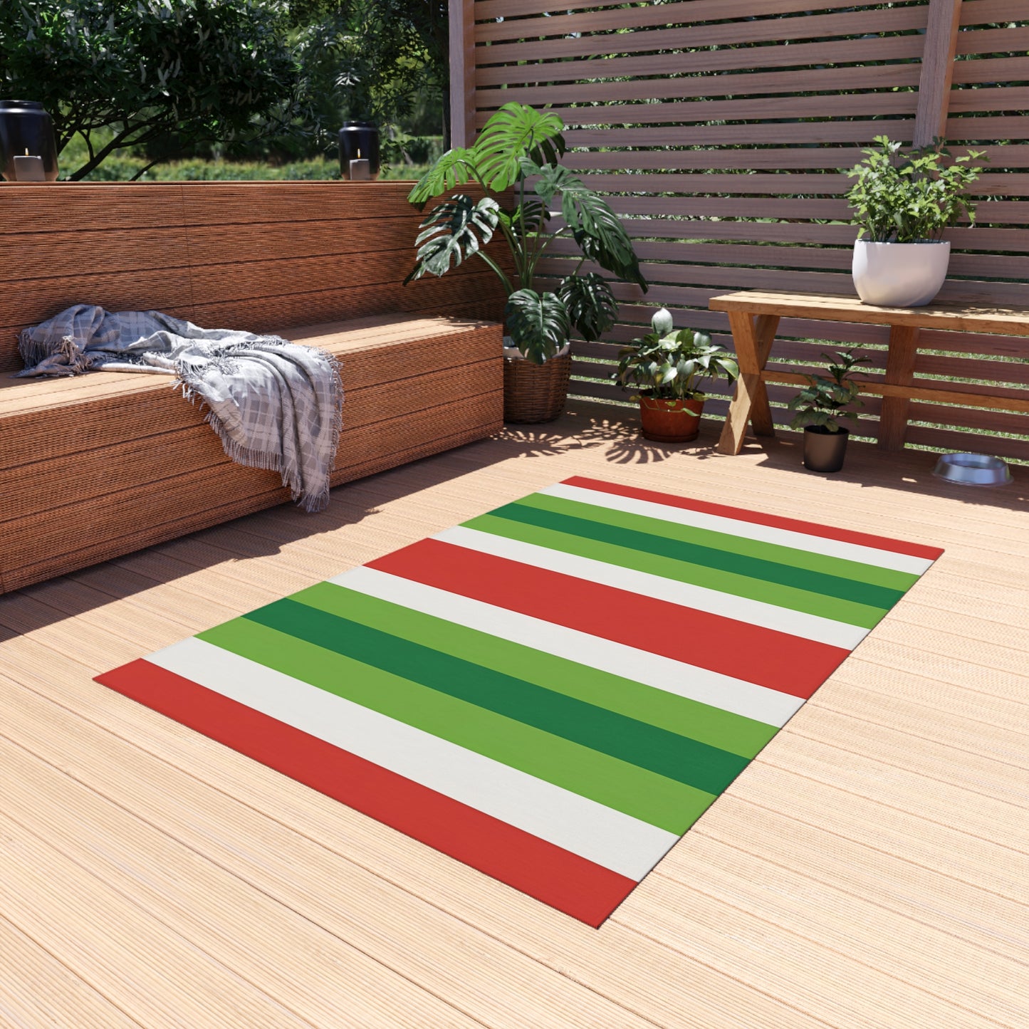 Red White Green Stripe Outdoor Rug | Patio Deck Mat
