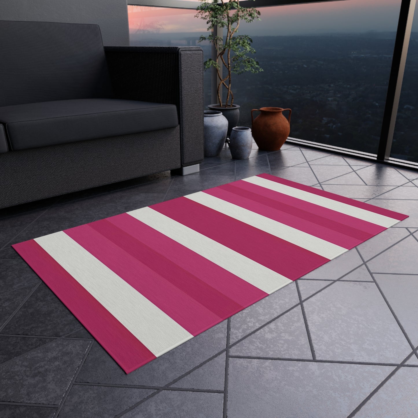 Pink and White Striped Outdoor/Indoor Rug | Patio Mat, Sunroom Deck