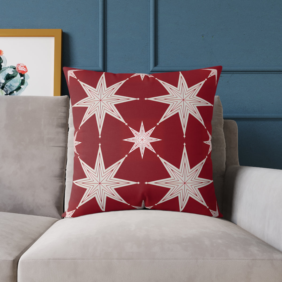 Ivory Starburst Pattern Square Pillow | Red Holiday Throw Cushion