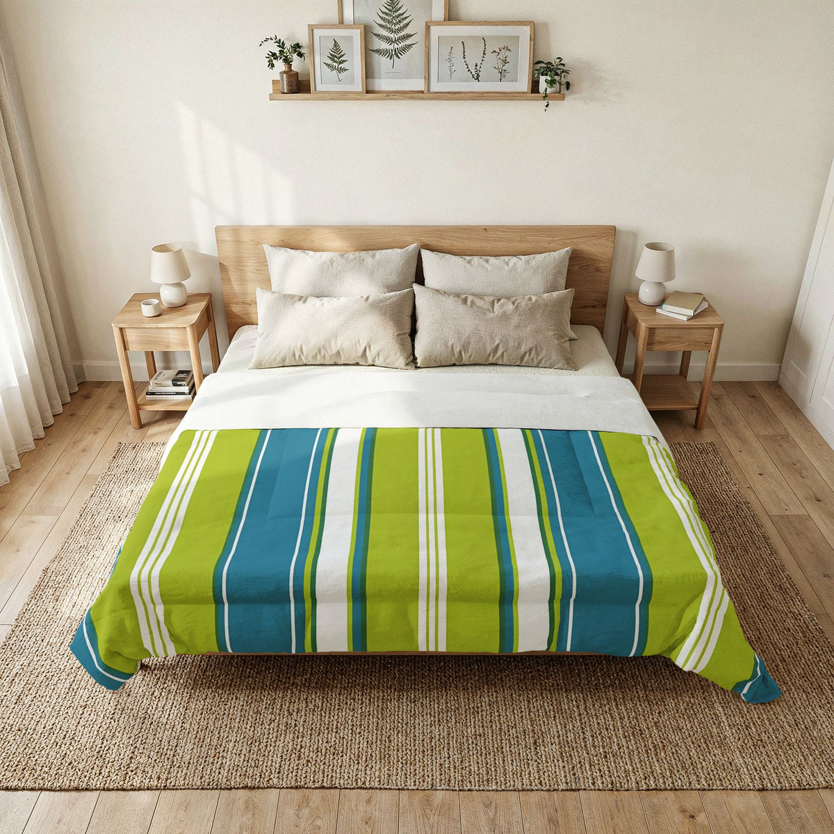 Blue Green Stripe Comforter | Cotton Comforter, Reversible Bedspread