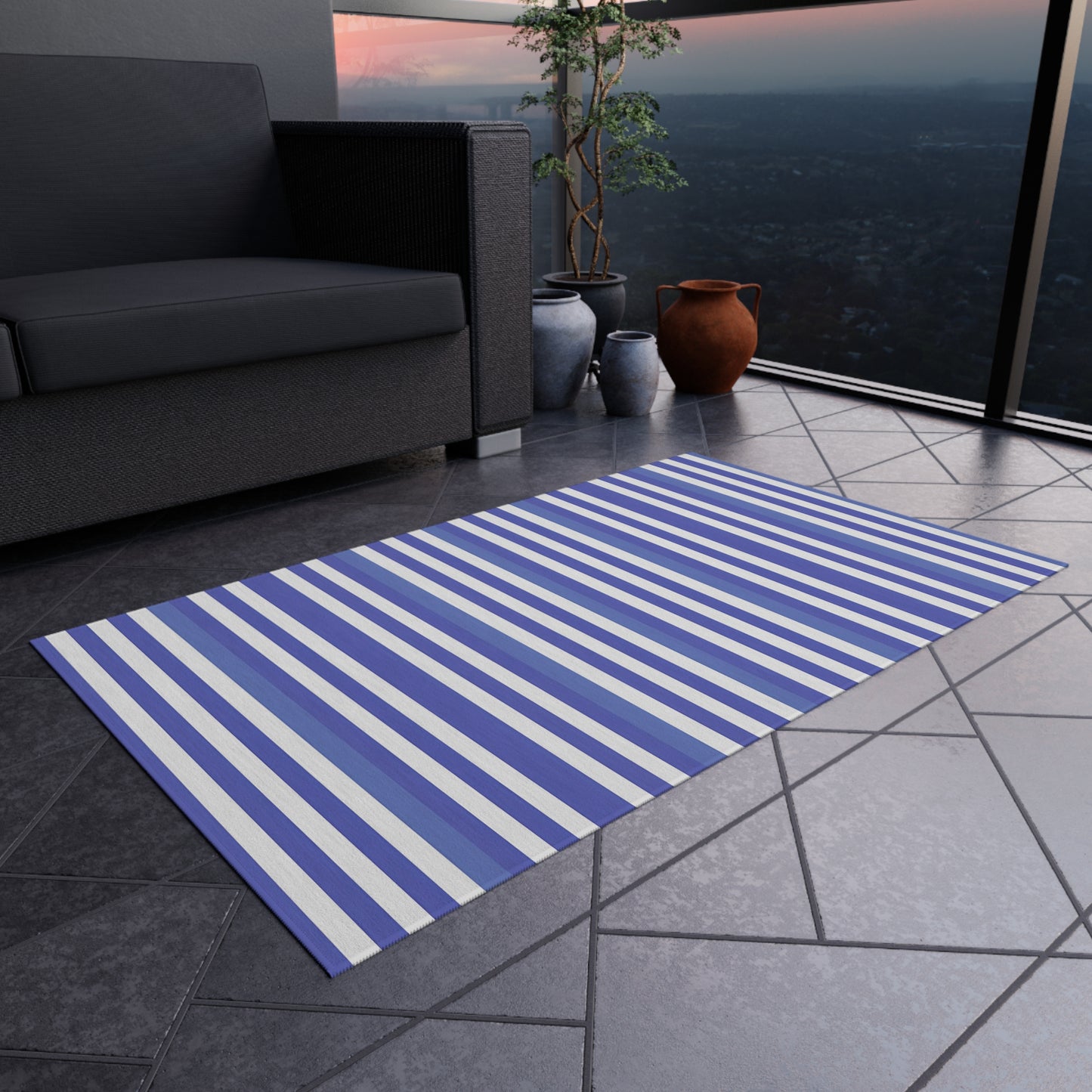 Purple, Periwinkle White Striped Outdoor Rug | Nautical Patio Mat