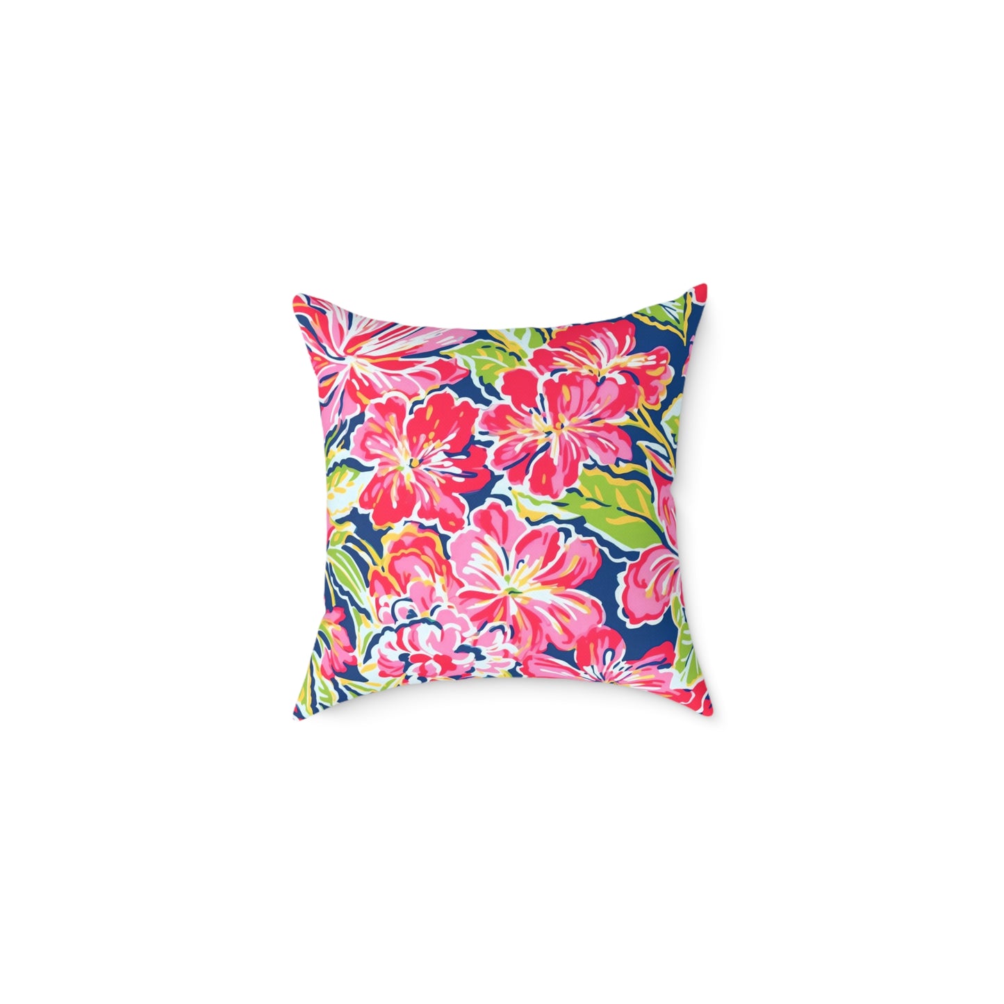 Pink Red Green Blue Tropical Hibiscus Floral Pillow | Square Poly Canvas Pillow