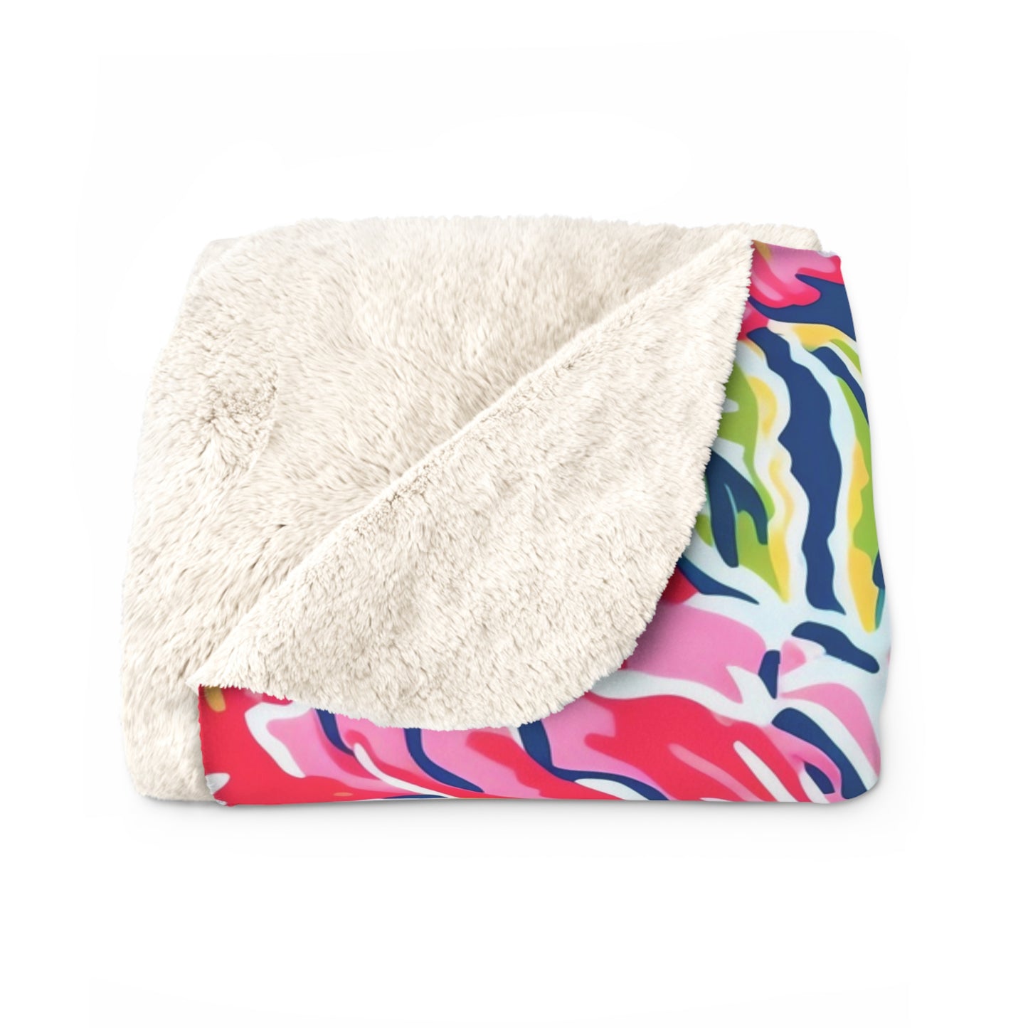 Tropical Floral Pattern Sherpa Fleece Blanket | Red Pink Green Hibiscus Print