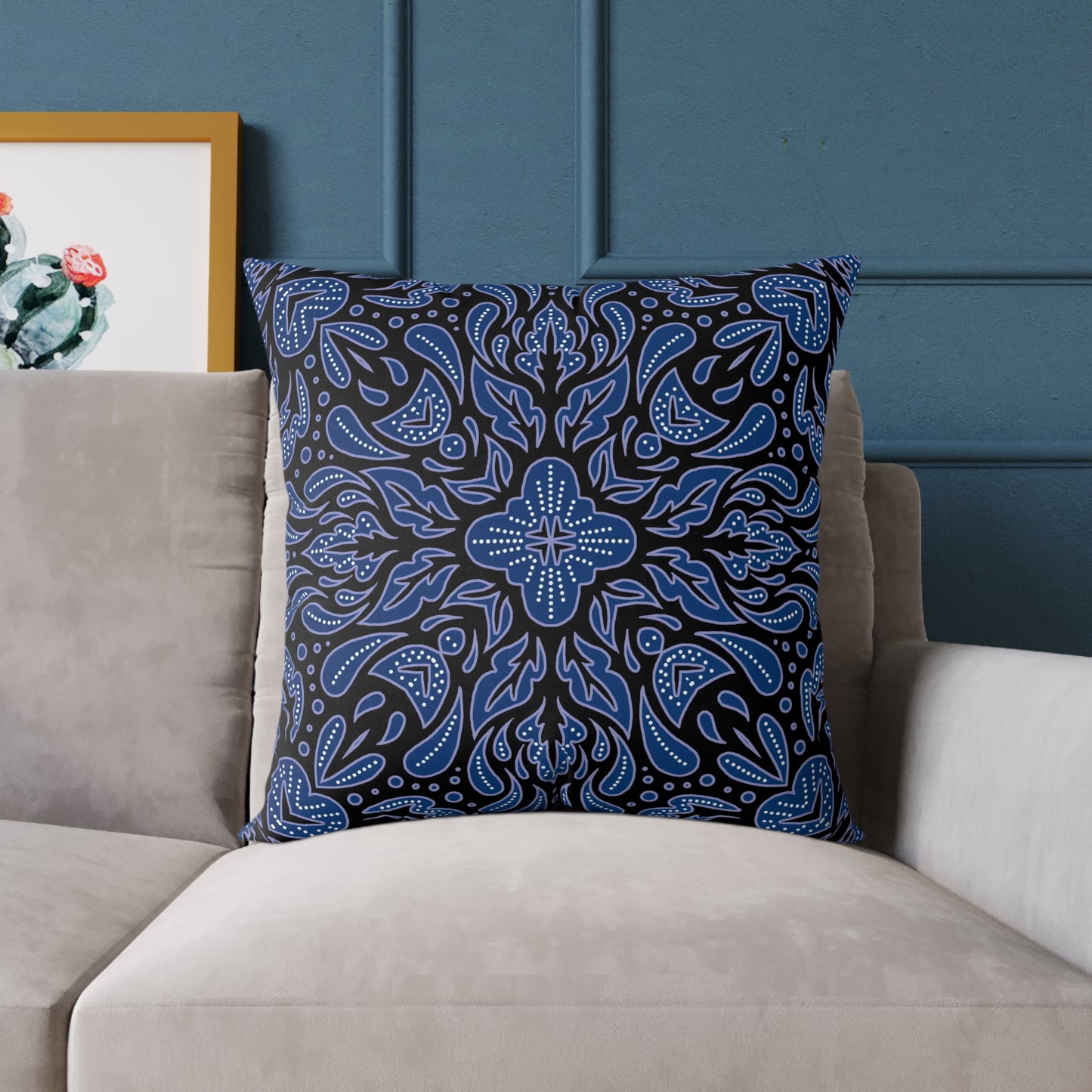 Blue Mandala Pattern Pillow | Boho Decorative Square Throw Pillow