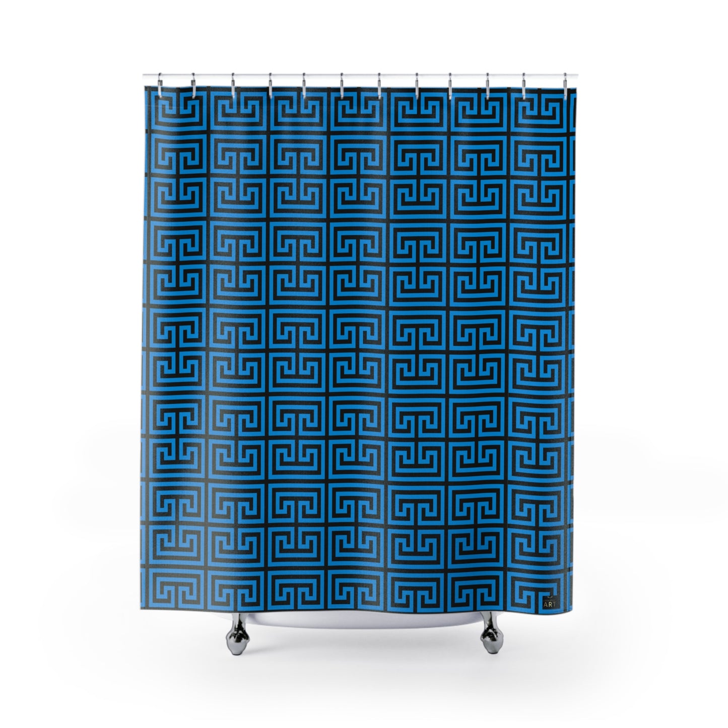 Blue Greek Key Pattern Shower Curtain | Geometric Bathroom Decor Glam Bathroom Accessory