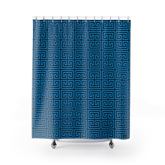 Blue Greek Key Pattern Shower Curtain | Geometric Bathroom Decor Glam Bathroom Accessory
