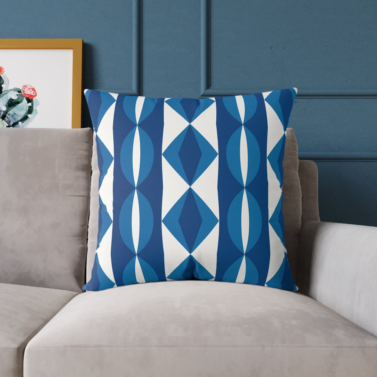 Blue White Geometric Pattern Pillow | Mid Century Modern Diamond Stripe