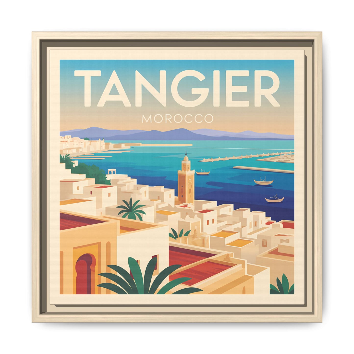 Tangier Morocco Travel Framed Wall Art Matte Canvas | Vintage Style Coastal Wall Art