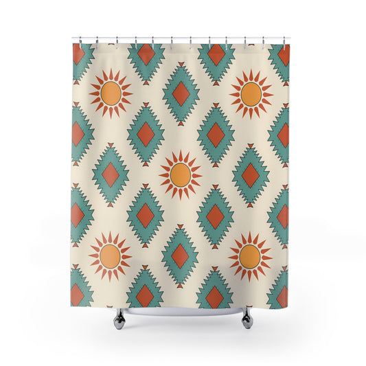 Boho Chic Shower Curtain - Art Deco Sun & Diamond Pattern, Bathroom Decor, Gift for Homeowners, Unique Gift, Bohemian Style - LOLA VEGAS ART