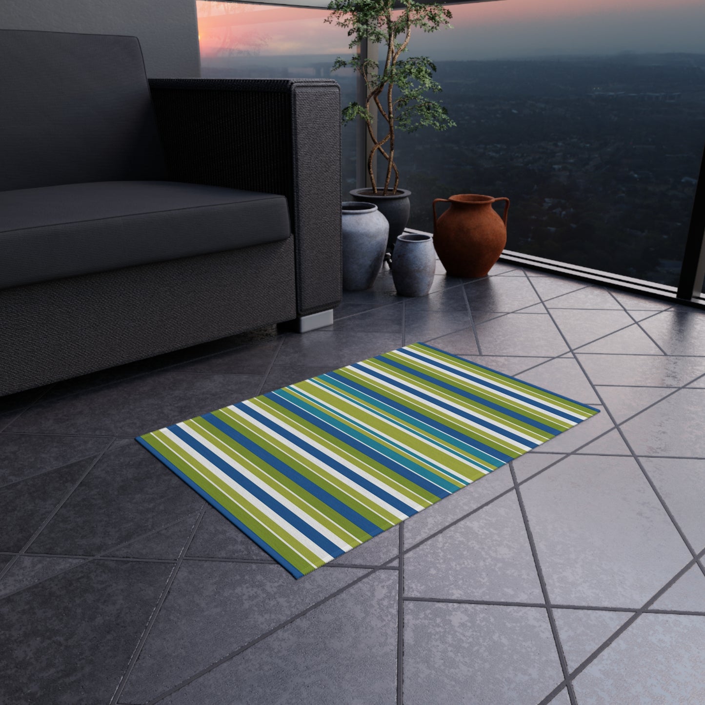 Blue Green White Stripe Outdoor/Indoor Rug | Patio Mat, Weather-Resistant
