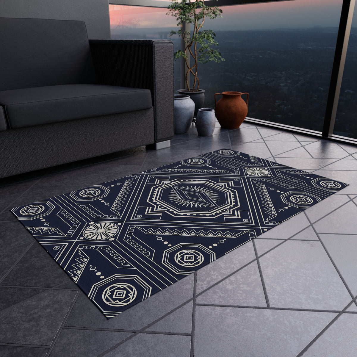 Navy Geometric Medallion Outdoor Rug | Tribal Diamond Pattern