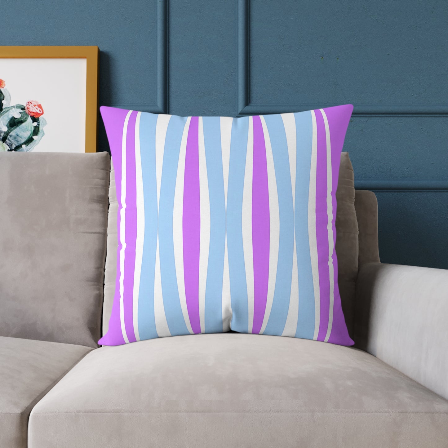 Pastel Wave Stripe Square Pillow | Blue Magenta Mid-Century Modern